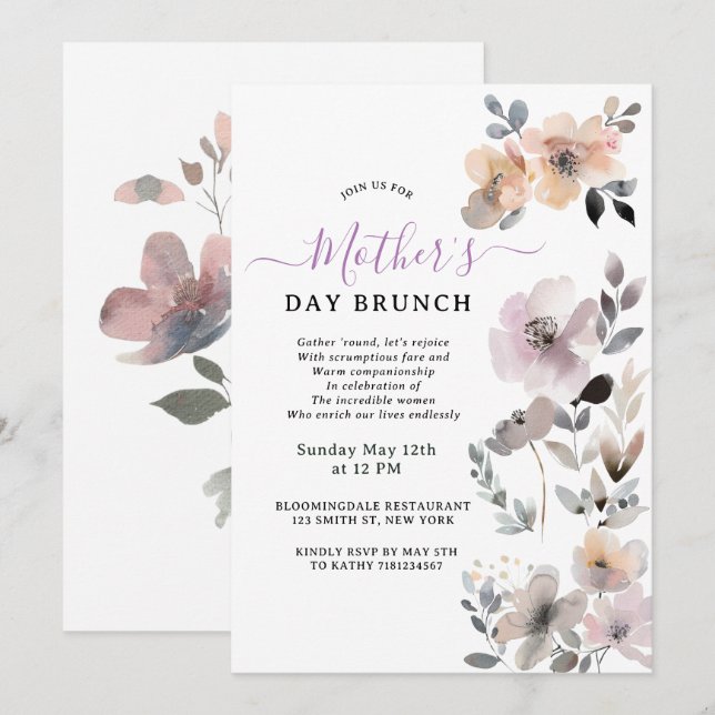 Invitation Pastel Blooms Aquarelle Fête des Mères Florales (Devant / Derrière)
