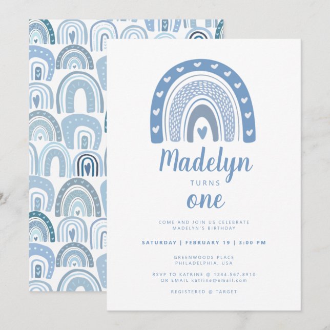 Invitation Pastel Blue Boho Arc-en-ciel Premier anniversaire (Devant / Derrière)