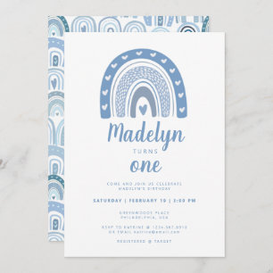 Invitation Pastel Blue Boho Arc-en-ciel Premier anniversaire