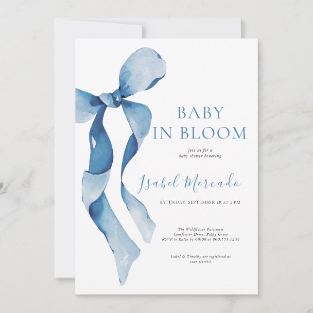 Invitation Pastel Blue Bow Baby en Fleur (Devant)