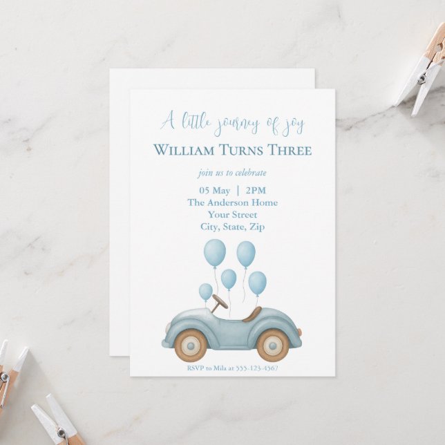 Invitation Pastel Blue Car & Balloons Boys Anniversaire - (Devant/Arrière en situation)