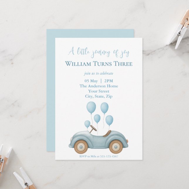 Invitation Pastel Blue Car & Balloons Boys Anniversaire - (Devant/Arrière en situation)