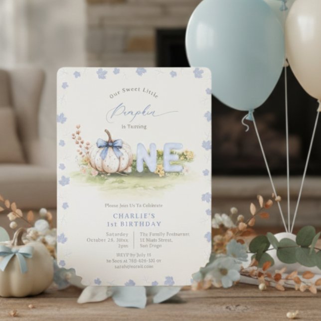 Invitation Pastel Blue Coquette Petit Citrouille 1er annivers (Pastel Blue Coquette Little Pumpkin 1st Birthday Invitation)