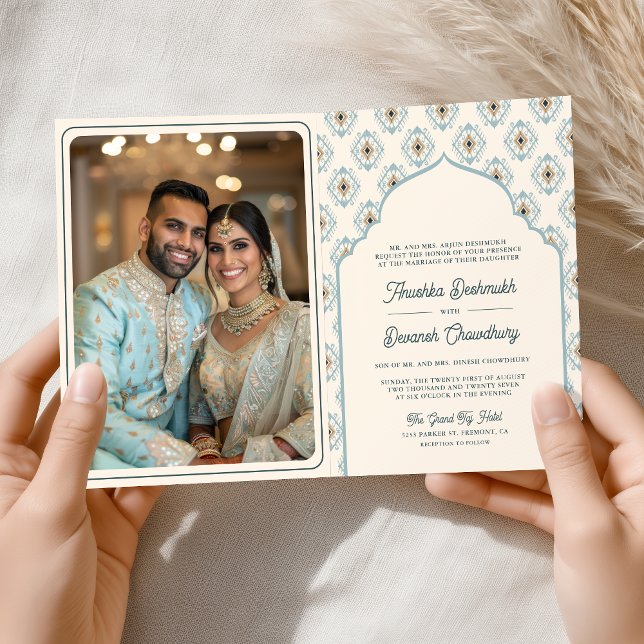 Invitation Pastel Blue Cream Ikat All in One Mariage indien (Créateur téléchargé)