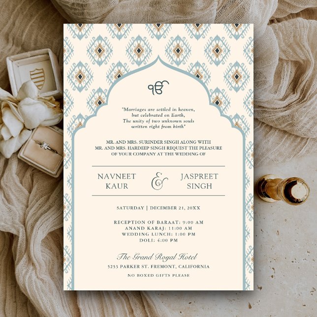 Invitation Pastel Blue Cream Ikat Anand Karaj Sikh Mariage (Créateur téléchargé)