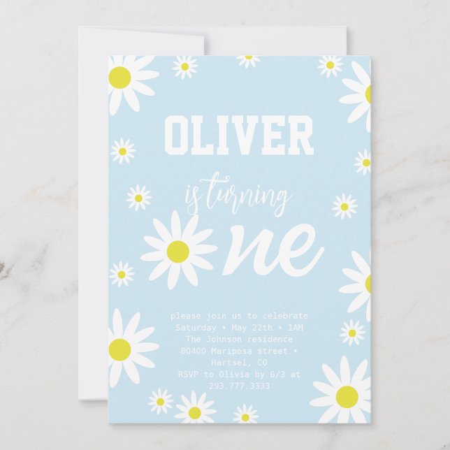 Invitation Pastel Blue Daisy 1er Anniversaire Party Boho Blan (Devant)