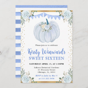 Invitation Pastel Blue et or Floral Citrouille Fall Sweet 16