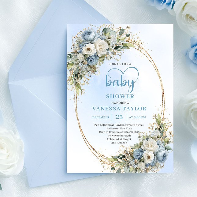 Invitation Pastel Blue Eucalyptus Floral Gold Baby Shower   (Pastel Blue Eucalyptus Floral Gold Baby Shower Card

)