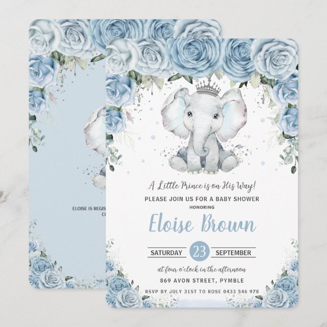 Invitation Pastel Blue Floral Elephant Prince Boy Baby shower (Devant / Derrière)