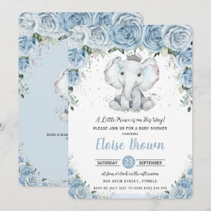 Invitation Pastel Blue Floral Elephant Prince Boy Baby shower