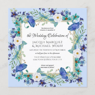 Invitation Pastel Blue Gold Aquarelle Mariage floral élégant