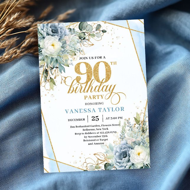 Invitation Pastel blue gold greenery luxe script 90 birthday (Pastel blue gold greenery luxe script 90th birthday invite)