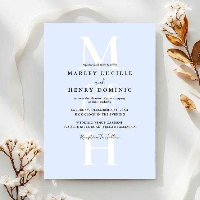 Invitation Pastel Blue Modern Monogram Overlay Wedding (Créateur téléchargé)