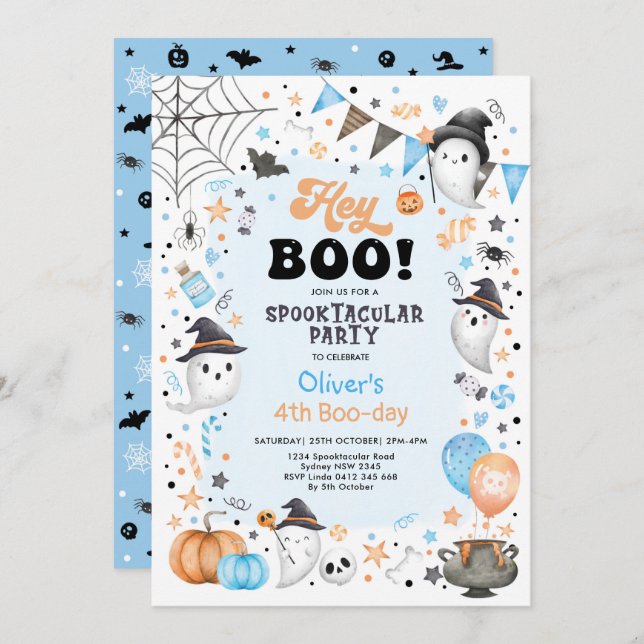 Invitation Pastel Blue Orange Halloween Ghost Boy Anniversair (Devant / Derrière)