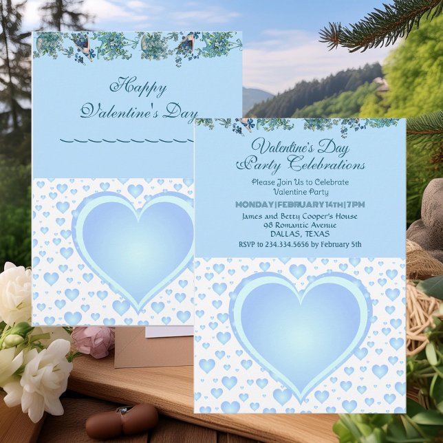 Invitation Pastel Blue Pluie Hearts Saint Valentin (Pastel Blue Raining Hearts Valentine's Day Party Invitation)