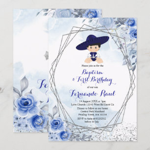 Invitation Pastel Blue Silver Fiesta Boy Baptême Anniversaire