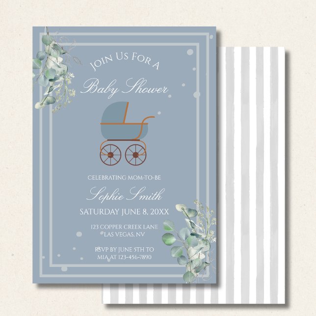Invitation Pastel Blue Stripes Baby Carriage Baby Shower (Créateur téléchargé)