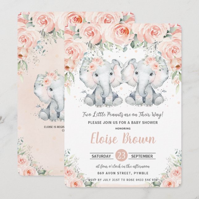 Invitation Pastel Blush Floral Elephant Twins Baby shower (Devant / Derrière)