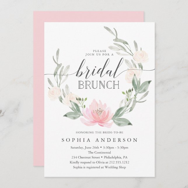 Invitation Pastel Blush Floral Greenery Brunch nuptial (Devant / Derrière)