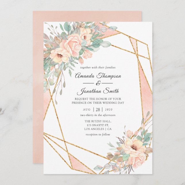 Invitation Pastel Blush Floral Mariage géométrique (Devant / Derrière)
