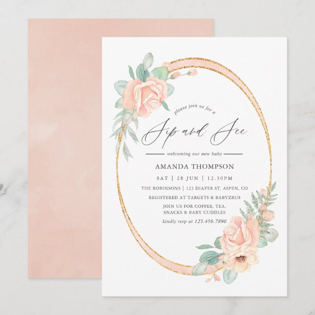 Invitation Pastel Blush Floral Sip géométrique Voir (Devant / Derrière)