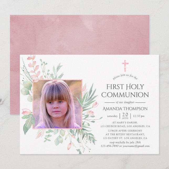 Invitation Pastel Blush Green Première Communion Sainte (Devant / Derrière)
