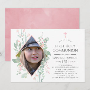 Invitation Pastel Blush Green Première Communion Sainte