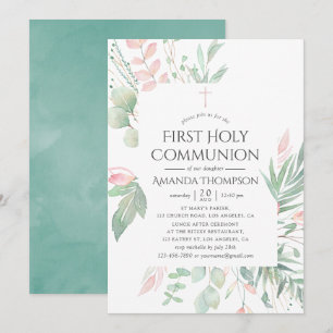 Invitation Pastel Blush Green Première Communion Sainte