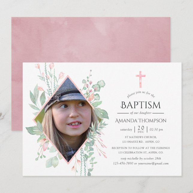 Invitation Pastel Blush Greenerm Baptême ou Christening (Devant / Derrière)
