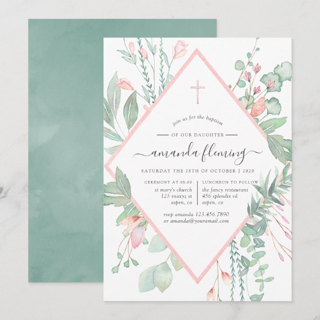 Invitation Pastel Blush Greenerm Baptême ou Christening (Devant / Derrière)
