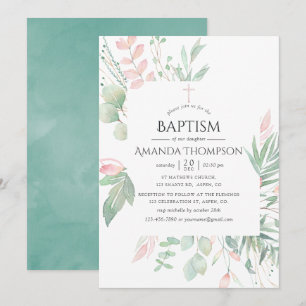 Invitation Pastel Blush Greenerm Baptême ou Christening