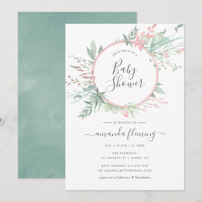 Invitation Pastel Blush Greenery Baby shower géométrique (Devant / Derrière)