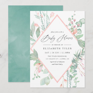 Invitation Pastel Blush Greenery Baby shower géométrique