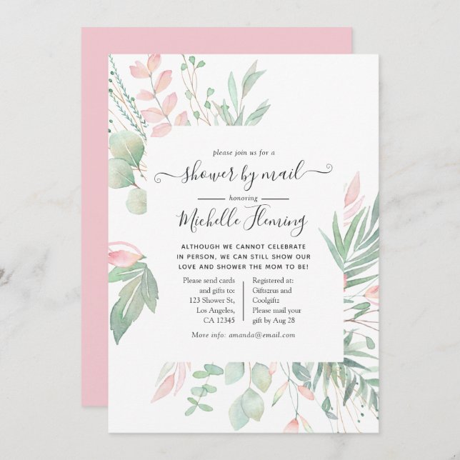 Invitation Pastel Blush Greenery Baby shower par Mail (Devant / Derrière)