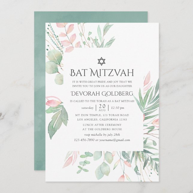 Invitation Pastel Blush Greenery Bat mitzvah (Devant / Derrière)