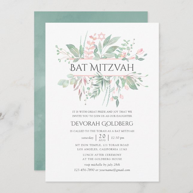 Invitation Pastel Blush Greenery Bat mitzvah (Devant / Derrière)