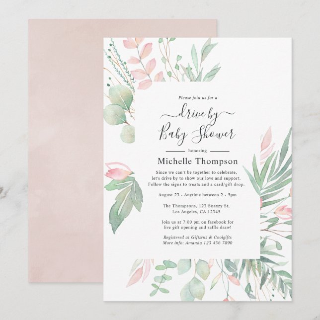 Invitation Pastel Blush Greenery Drive Par Douche (Devant / Derrière)