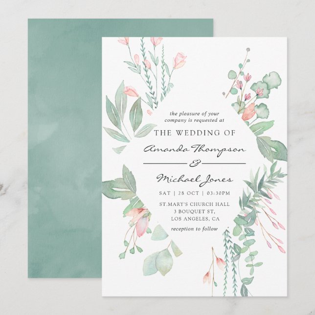Invitation Pastel Blush Greenery Mariage (Devant / Derrière)
