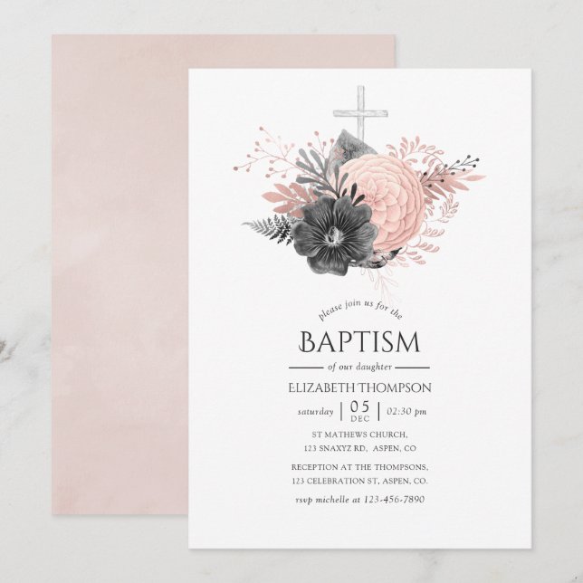 Invitation Pastel Blush rose et charbon de bois Baptême flora (Devant / Derrière)