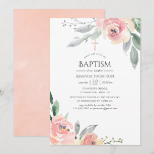 Invitation Pastel Blush rose Floral Baptême