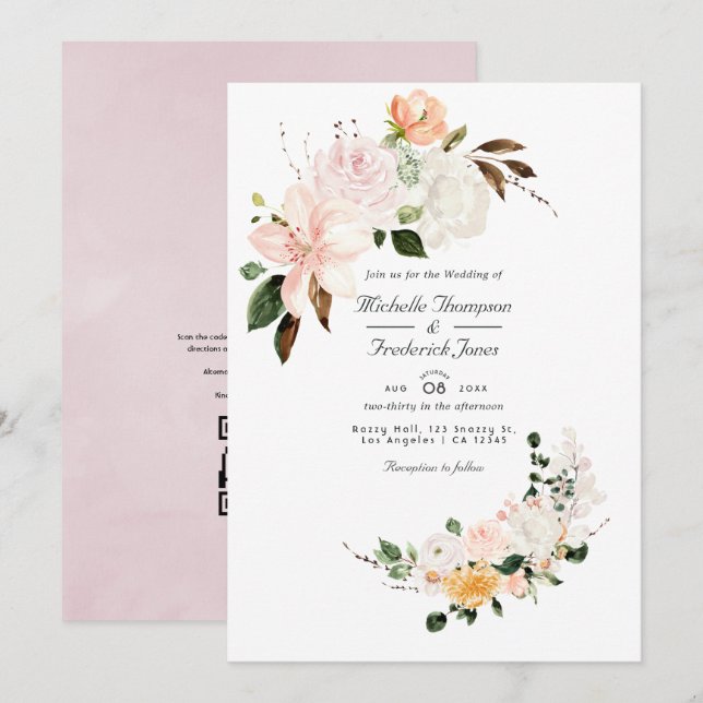 Invitation Pastel Blush rose Floral QR Code RSVP Mariage (Devant / Derrière)