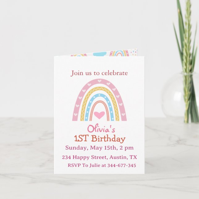 Invitation Pastel Boho Arc-en-ciel avec Coeurs Fille annivers (Devant)