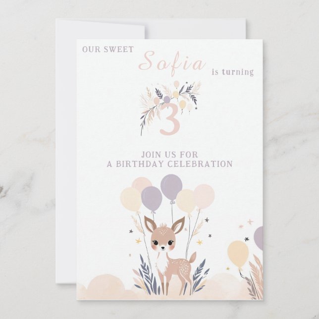 Invitation Pastel Boho Fawn et Ballons Anniversaire (Devant)