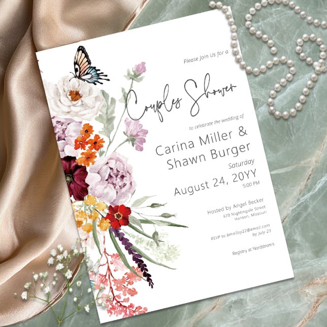 Invitation Pastel & Bourgogne Floral Couples Douche (Pastel & Burgundy Blooms Floral Couples Shower Invitation)