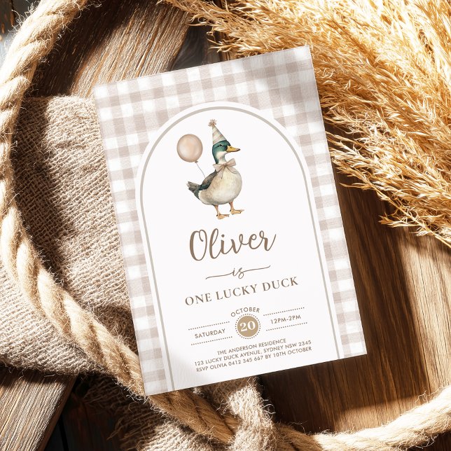 Invitation Pastel Brown One Lucky Duck Balloon 1er anniversai (Créateur téléchargé)