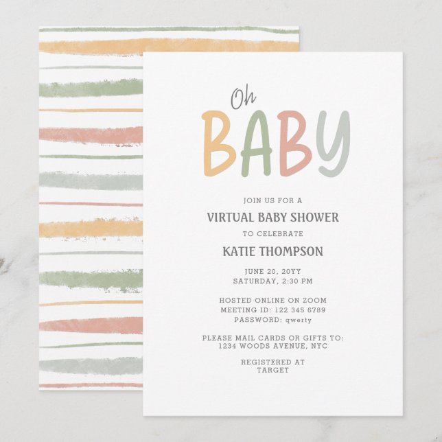 Invitation Pastel Brush Strokes Oh Baby Baby shower virtuel (Devant / Derrière)