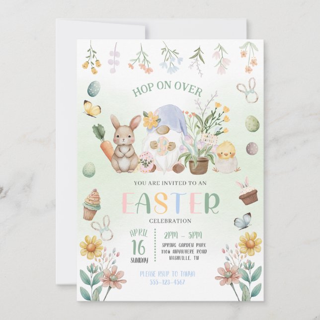 Invitation Pastel Bunny Gnomes Bunny de Pâques Chasse aux oeu (Devant)