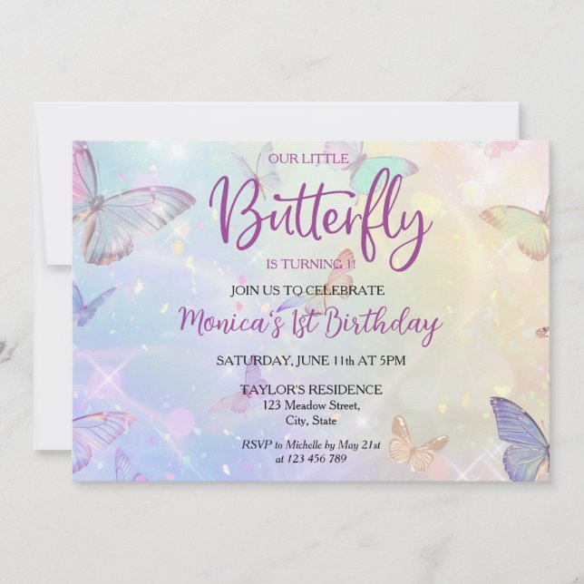 Invitation Pastel Butterfly Baby Girl's 1er anniversaire (Devant)