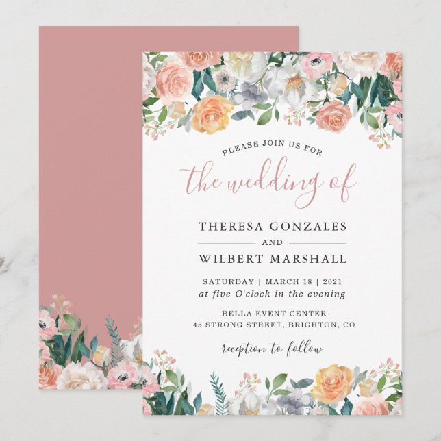 Invitation Pastel Chic Dusty Rose Fleur Mariage Floral (Devant / Derrière)