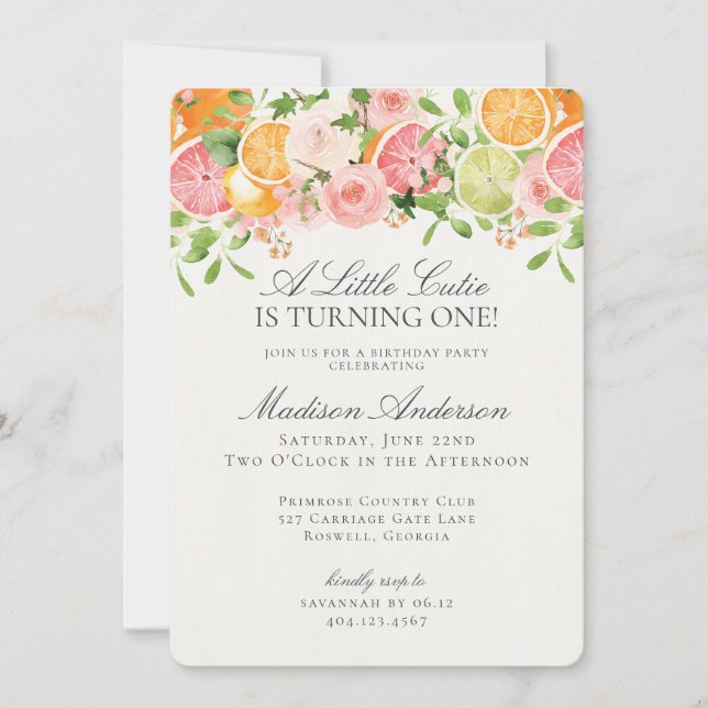 Invitation Pastel Citrus Floral Little Cutie Fête d'anniversa (Devant)